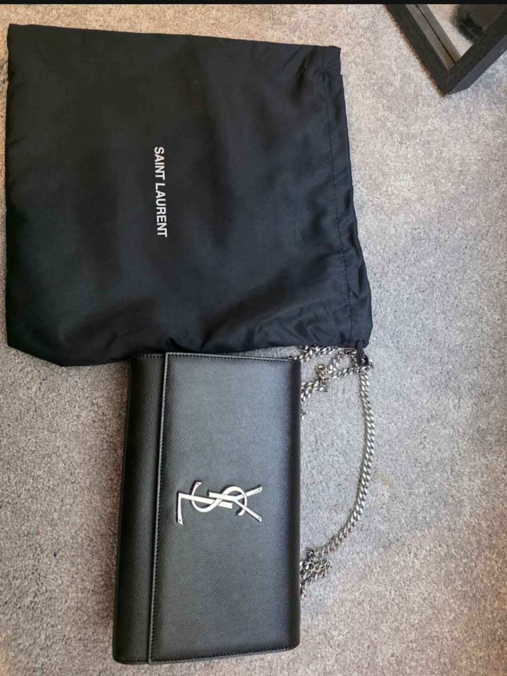 Saint Laurent Black Leather Shoulder Bag with Silver YSL Logo